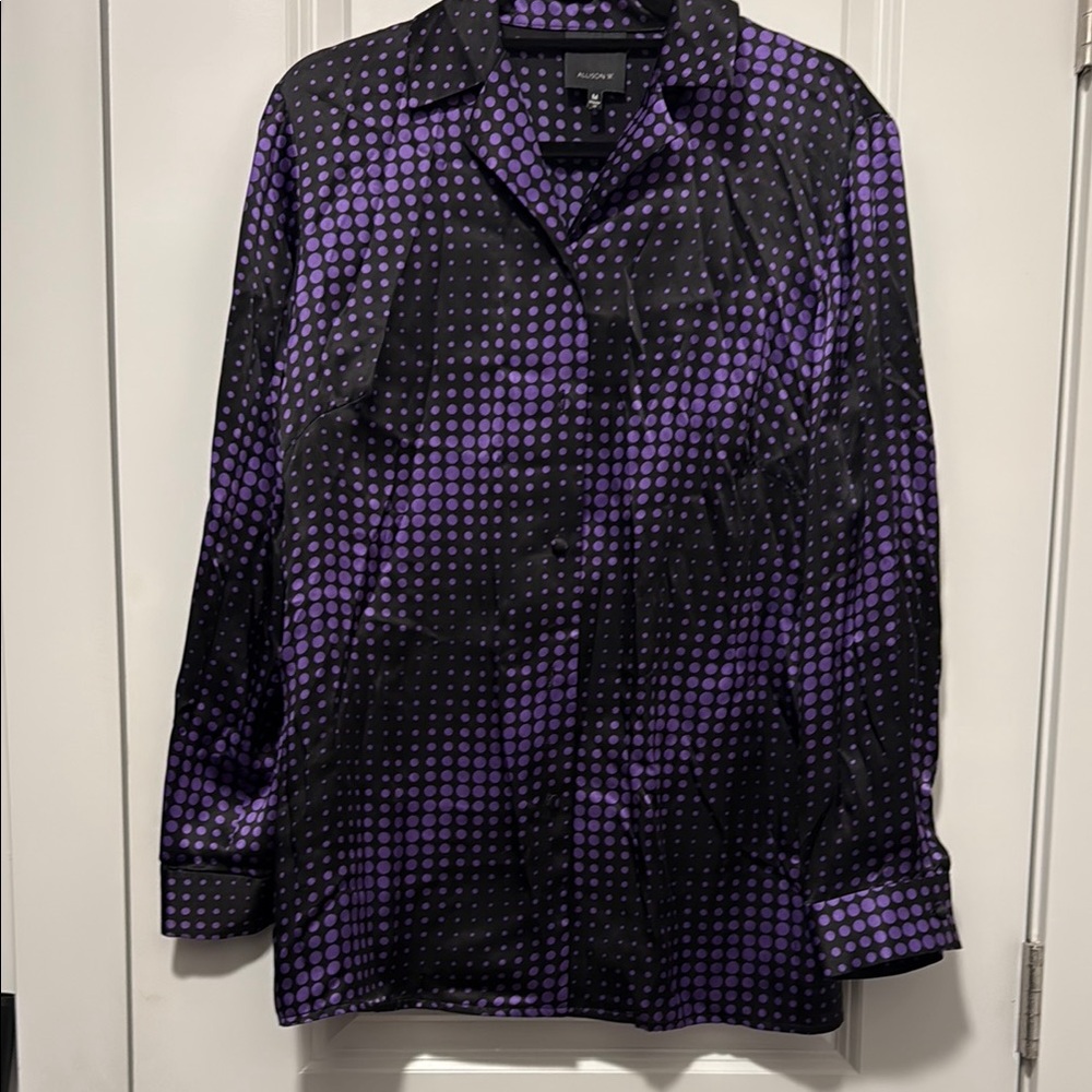 **Purple and Black Gradient Patterned Silk Blouse  with Long Sleeves**
